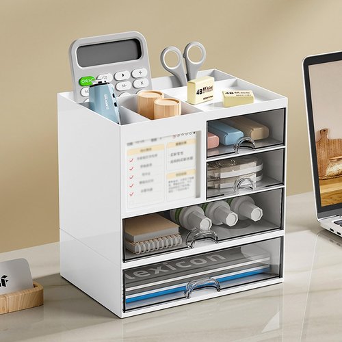 Catekro Pen Organizer with 3 Drawer, Desk Top Accessories Stationary Organizer Desk Caddy, Multi-Functional Pencil Holder for Desk Organizers with 5 Compartments for Office Art Supplies(White)
