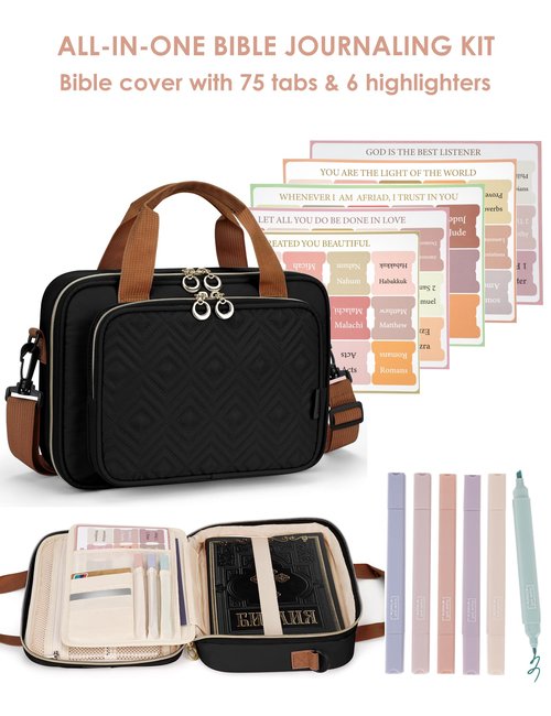 Heouvo Bible Cover Case for Women, Large Bible Bag Carrying Case with Shoulder Strap, Bible Study Supplies Bible Journaling Kit Book Carrying Case with Bible Highlighters Tabs Gift for Lady (Black)