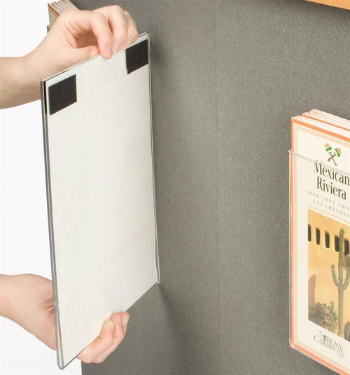 Portable Trade Show Counter, Sets Up in Minutes, Includes Gray Hook & Loop-Receptive Fabric Front and MDF Countertop with Natural Wood Finish – Stands 37-1/2” Tall