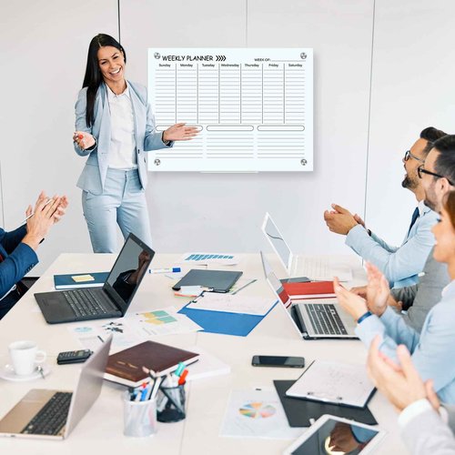 Kritkin Glass Whiteboard Calendar 24" x 18" Weekly Dry Erase White Board Planner Glass Large Wall Mounted Calendar with Marker Tray for Wall Home Office