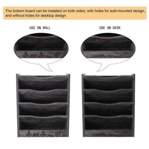 PAG 5-Tier Wall File Holder Hanging Mail Organizer Wood Magazine Literature Rack with 6 Hooks, Dark Gray