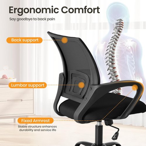 OLIXIS Ergonomic Office Desk Chair - Mid Back with Lumbar Support & Rocking Mode | Height Adjustable, 360° Swivel, Black