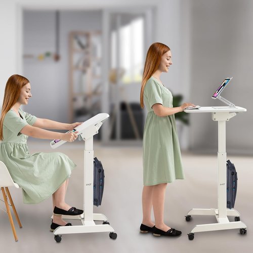 AVLT Height Adjustable Mobile Workstation - Pneumatic Standing Desk Cart with Tilting Desk | 47" White Finish
