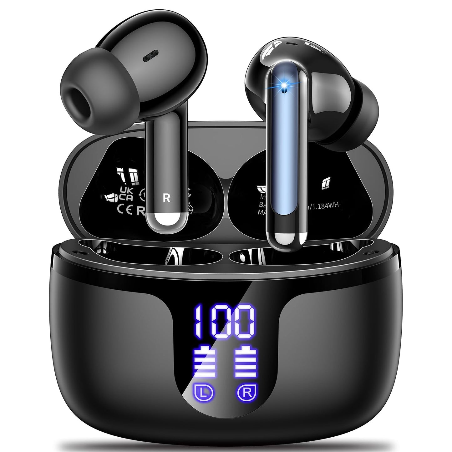 Wireless Earbuds Bluetooth 5.4 Headphones HiFi Stereo 42H Playback in Ear with 4 ENC Noise Cancelling Mic, IPX7 waterproof and LED battery display screen for Running Fitness Office Ear Buds in Black