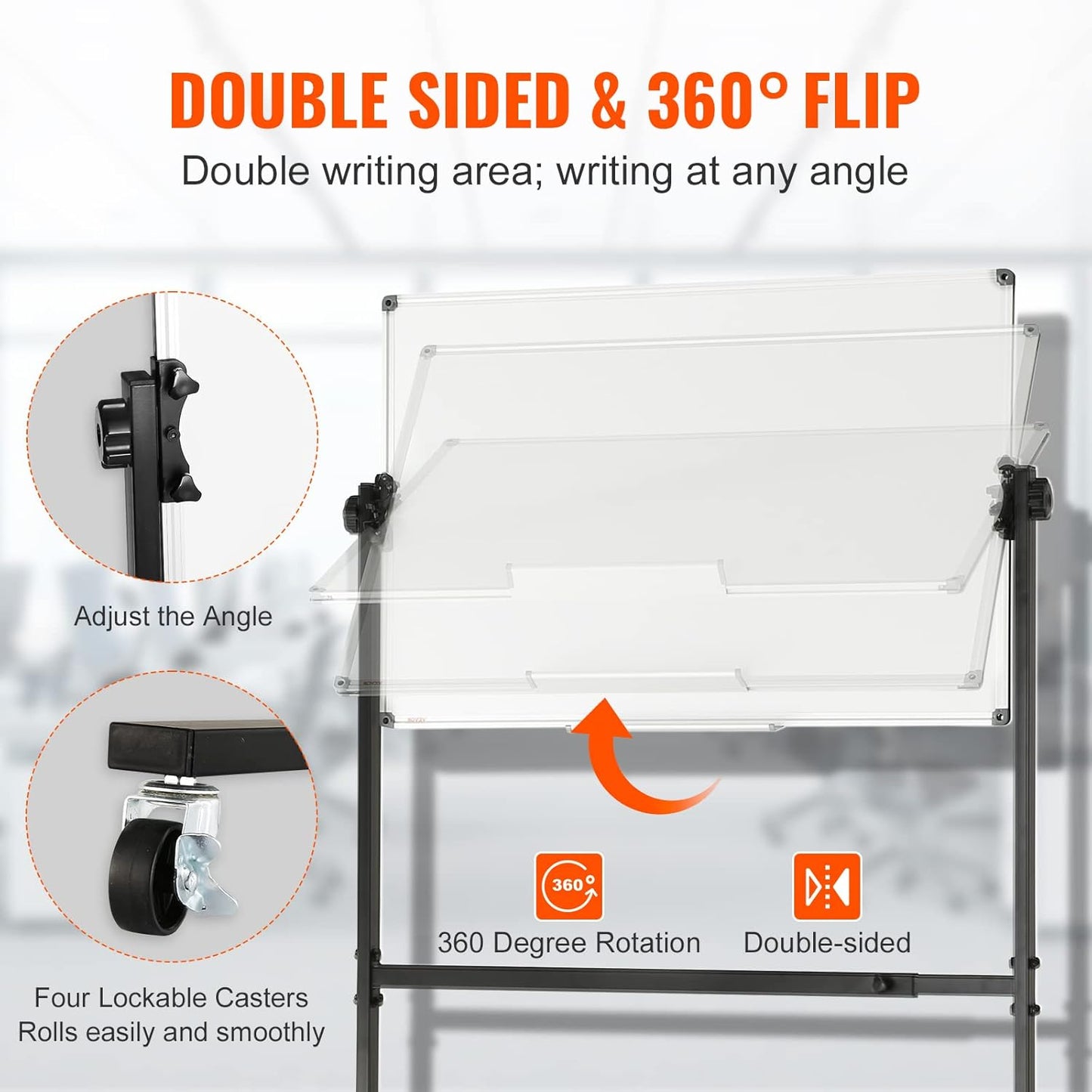 VEVOR Double-Sided Rolling Magnetic Whiteboard - 36x24 Inches, Adjustable Height with Wheels & Tray