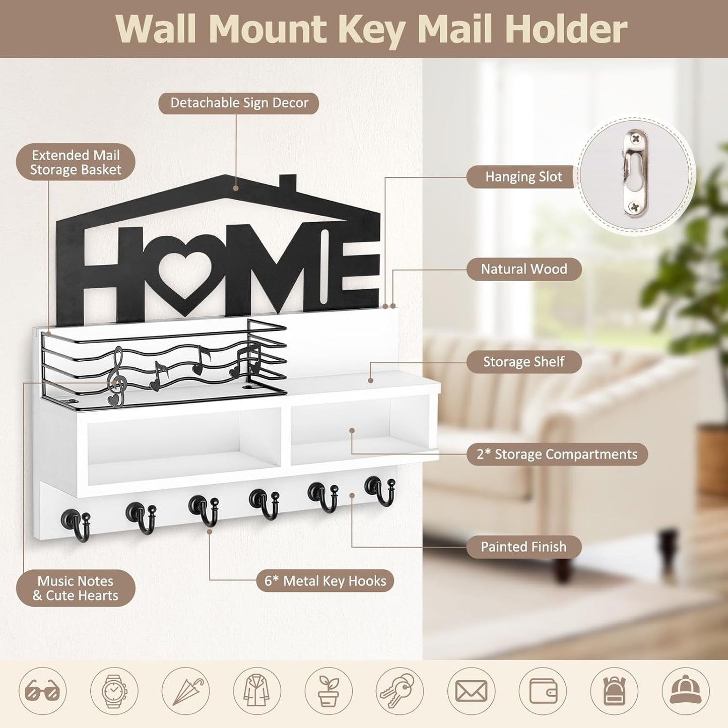 VIS'V Key Holder Wall Mount - Decorative Wooden Mail & Key Organizer with Storage Basket & Shelf | White, 2 Compartments, 6 Hooks