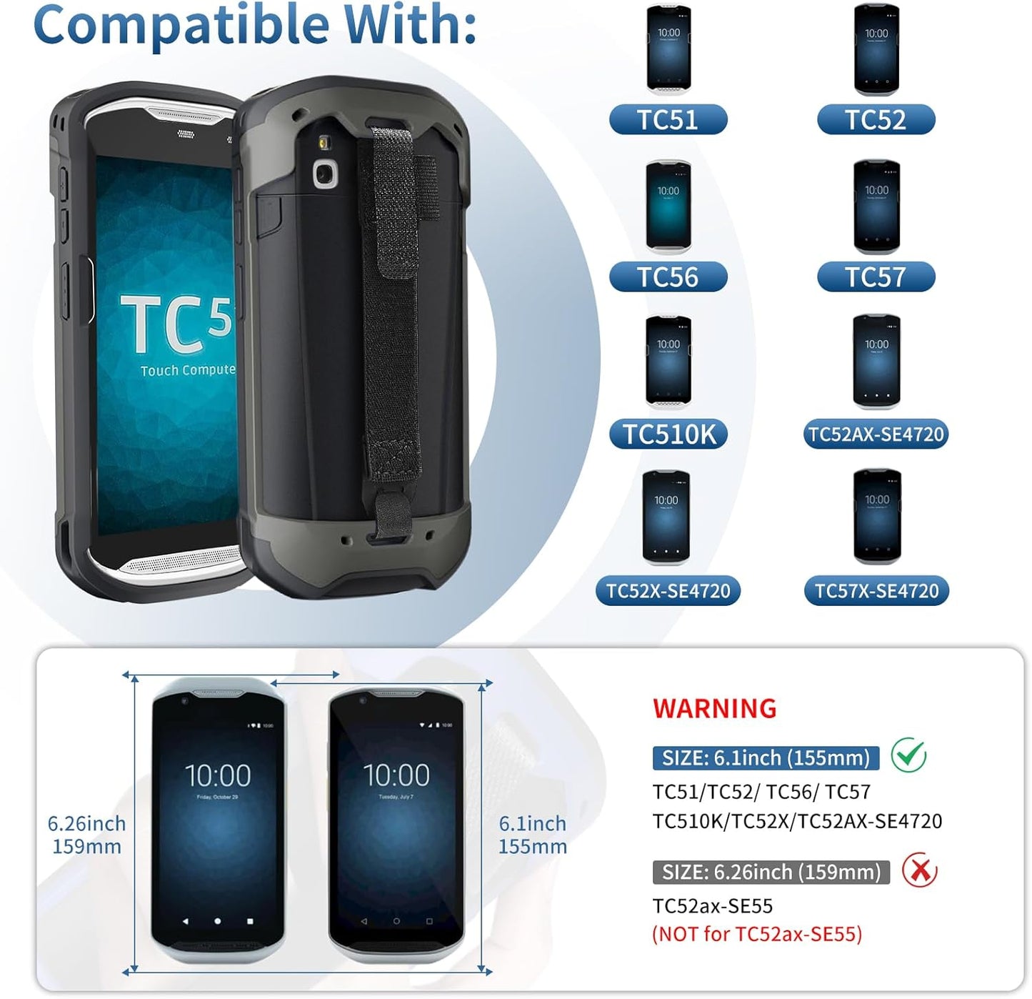Zebra Protective Case Cover - Rugged Boot with Hand Strap & Tempered Glass for TC51/TC52/TC56/TC57 (Black)