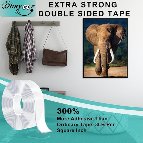 Ohayooz® Extra Strong Double-Sided Tape - Heavy Duty, Removable, 10FT Clear Nano Adhesive for Mounting Photos & Posters