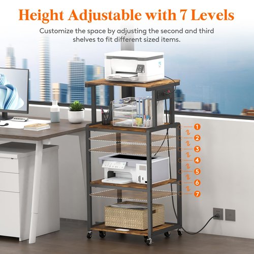 Lifewit 4 Tier Printer Stand with 3 Power Outlets, Wheels and Adjustable Storage Shelf for Home Office, Rolling Printer Cart for Shredder, Scanner, Fax, Rustic Brown