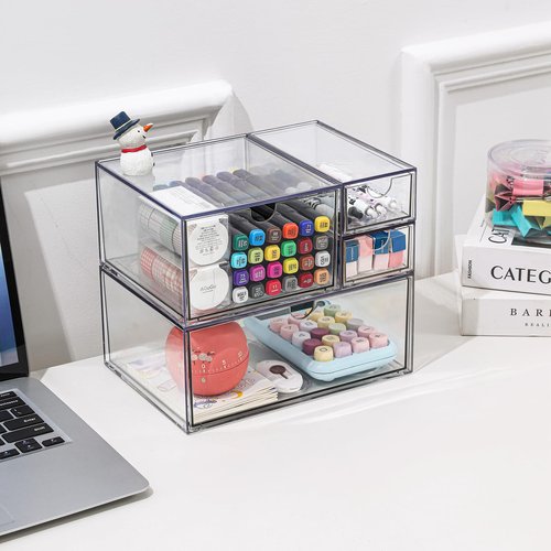 WUHUME Makeup Drawer Organizer, Desk Drawer Organizer With 4 Drawers, 3 Different Sizes, Suitable For Office Desk, Bathroom, Bedroom, Jewelry, Stationery, Handicraft Storage And Organization, clear