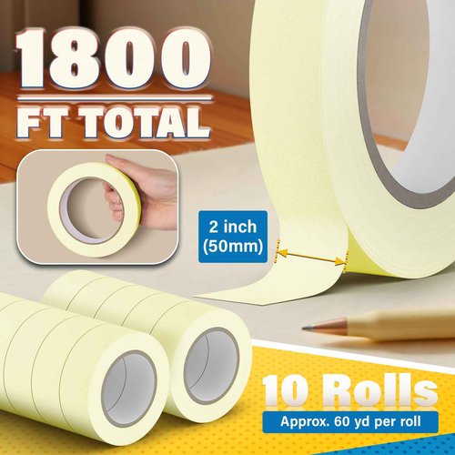 DIYSELF 10 Pack Masking Tape, Painters Tape 2 Inch Wide, 10 Rolls × 2" × 60 Yds, Beige White Painter Tape for Walls, Trim, Baseboards, Furniture & Cabinets, Masking Tape Bulk, No Residue Easy Tear