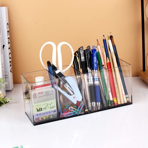 Acrylic Pen Holder Handmade,4 Slot Pencil Organizer Countertop,Pencil Stationery Organizer for Office Accessory, Makeup Cosmetic Brushes Storage, Vanity Organizer for Bathroom (Black based, 2PACK)