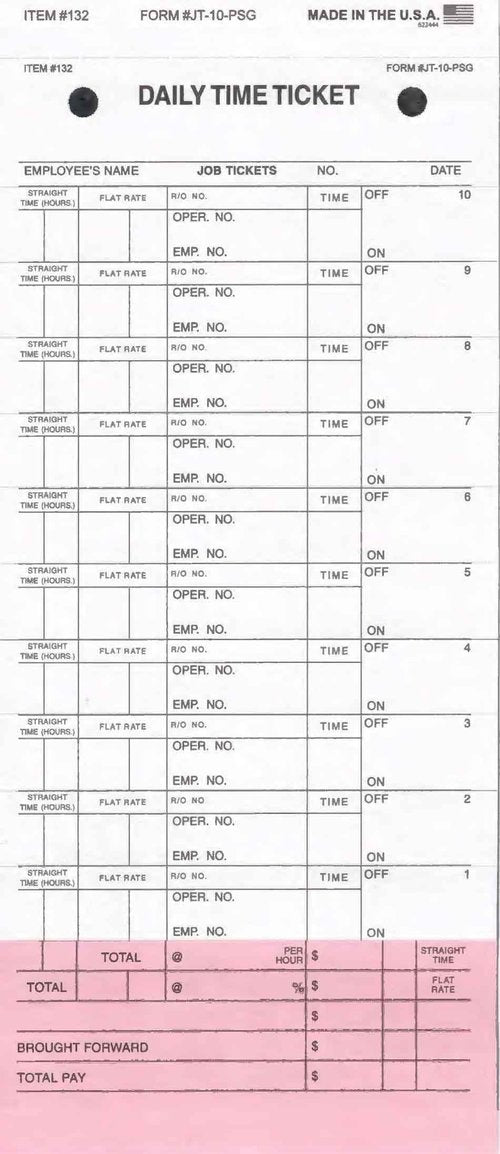 Daily Time and Job Ticket - 10 Labels per Sheet (3-Part) (Form JT-10-PSG) (500 per Box)