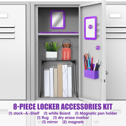 Wesiti 8 Pcs Purple Locker Accessories Back to School Kit, Wire Locker Shelf, Magnetic Mirror, Erase Pen, Pen Holder, Magnetic Stickers, Square Carpet for Girls First Day of School Essentials
