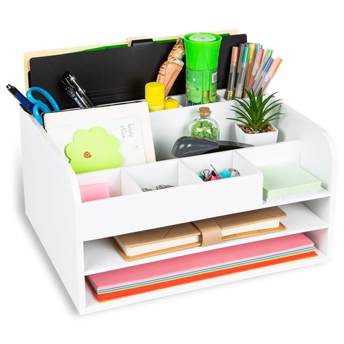 MissionMax White Bamboo Wood Desk Organizer, Max Storage with Two File Trays, Vertical File, Pens, Pads and Other Bins to Hold Your Work Necessities