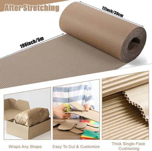 Corrugated Cardboard Roll - Heavy Duty 12 x 197 Inch Singleface Paper for Gift Packing & Shipping