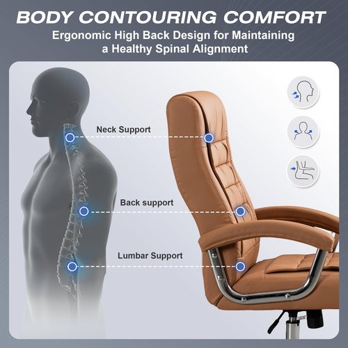 HOXNE Executive Adjustable Leather Chair High Back Swivel with Padded Armrest 350lbs Load-Bearing Spring Seat Computer Desk Chair for Home Office (Khaki)