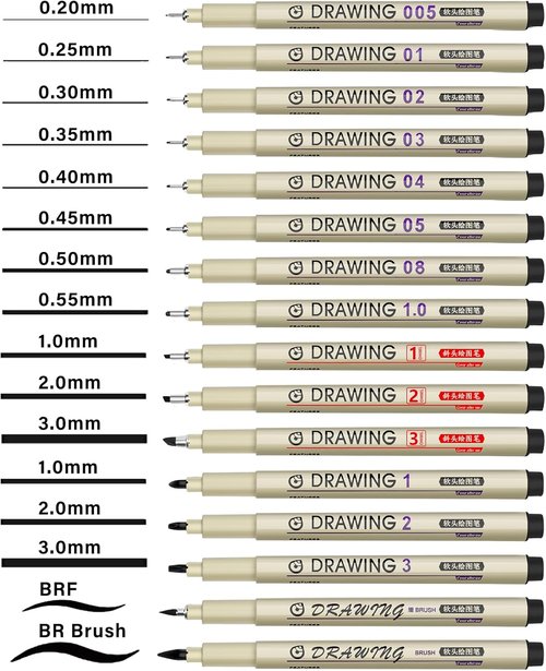 Muchcute Micro Fineliner Drawing Pens - 16 Black Waterproof Ink Markers for Professional Sketching