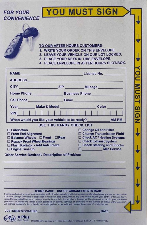 Key Drop Off Envelope - EBNO-1-Y - 500 Qty. (W1)
