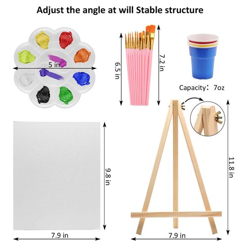 121 Pcs Art Painting Kit Supplies Set for Kids to Party - 60 Paint Brushes, 24 Acrylic Paints, 6 Wood Easels & Canvas Panels & Palettes & Aprons & Wash Pen Cup, 1 Plastic Tablecloth