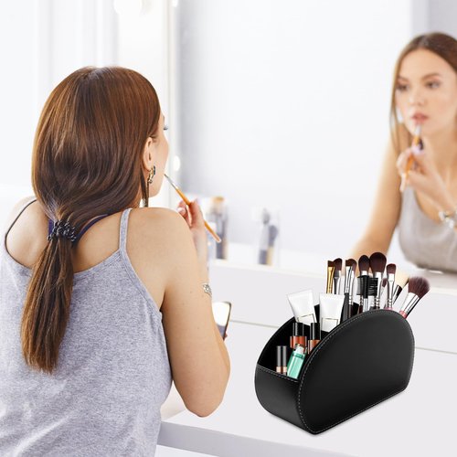 RETON 2 Pack Remote Control Holder with 5 Compartments, Black TV Remote Controller Caddy, PU Leather Desktop Remote Organizer Box for Media Nightstand Makeup Brush Office Supplies