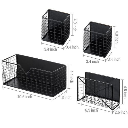 MyGift Magnetic Office Supplies Storage Organizer Baskets, Industrial Matte Black Metal Wire Mesh Mail Slot, File Holder, and Marker Pen Pencil Cups, 4 Piece Set