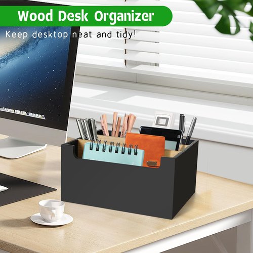 Desk Organizer Caddy with Adjustable Bamboo Dividers, Black Office Pen Holder for Desk, Small Mail Holder Bill Organizer with 5 Slots, Wood Workspace Organizer for Letter, Postcard, Remote Control