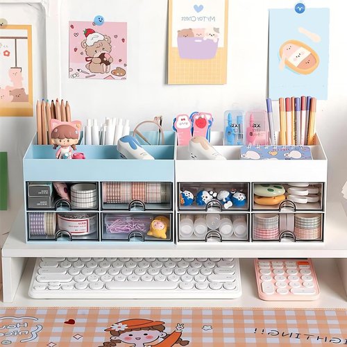 Catekro Desk Organizer with 4 Drawer, Multi-Functional Pen Pencil Holder for Desk, Office Supplies Organizer for Desk, Cute Desk Accessories with Plastic for Office, Home, School(White)
