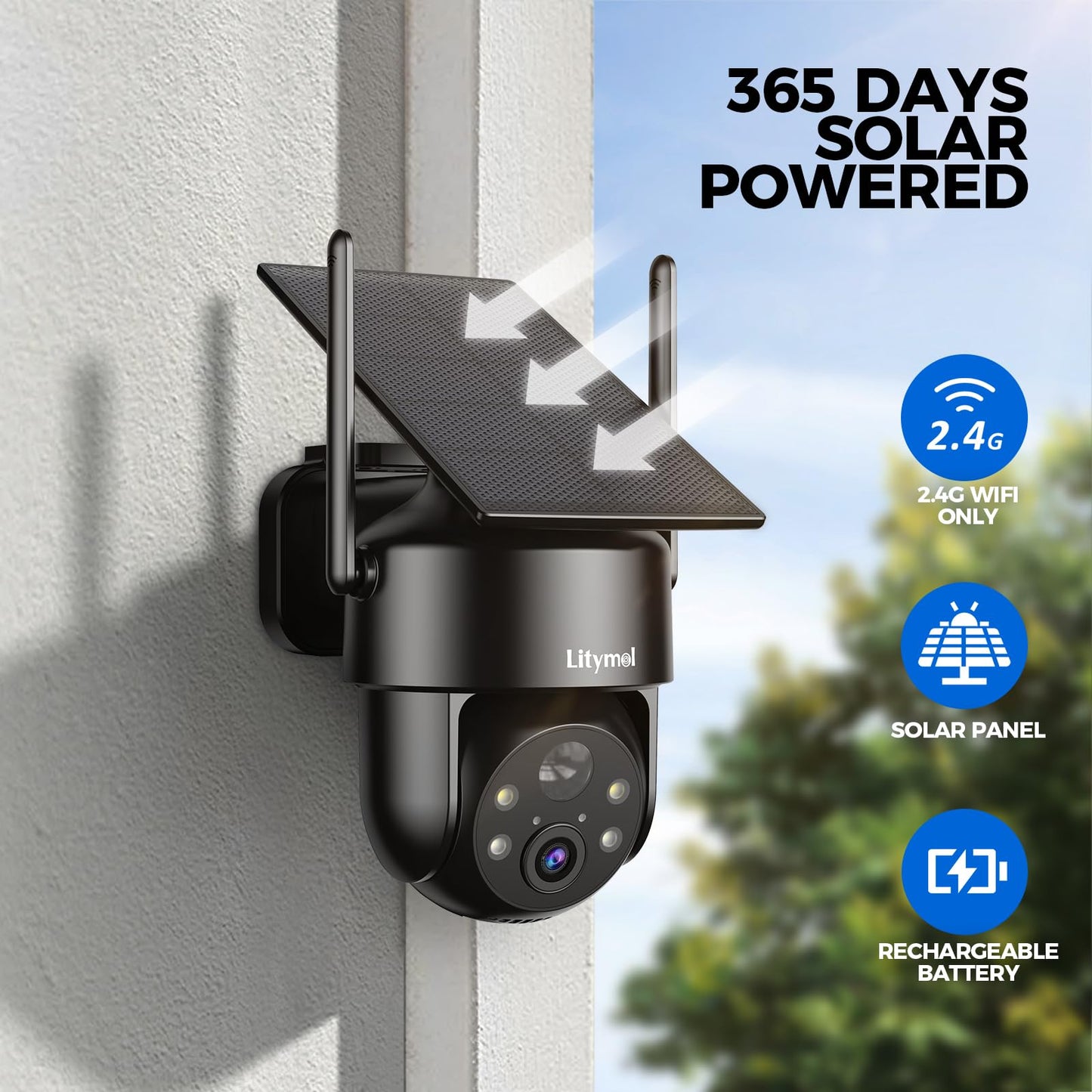 LITYMOL Solar Security Cameras Wireless Outdoor, 2K 360° View Cameras for Home Security, Color Night Vision, AI & PIR Motion Detection, 2-Way Audio, Spotlight Siren Alarm, IP65, SD/Cloud Storage