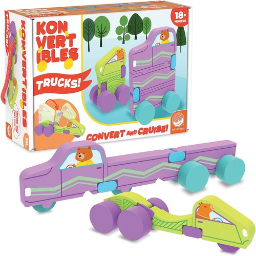 MindWare Konvertibles Transforming Wooden Trucks - 2-Piece Flip & Change Vehicle Set with Carry-Along Box for 3D Road Scene, Ideal Toddler Toy for Ages 18 Months+