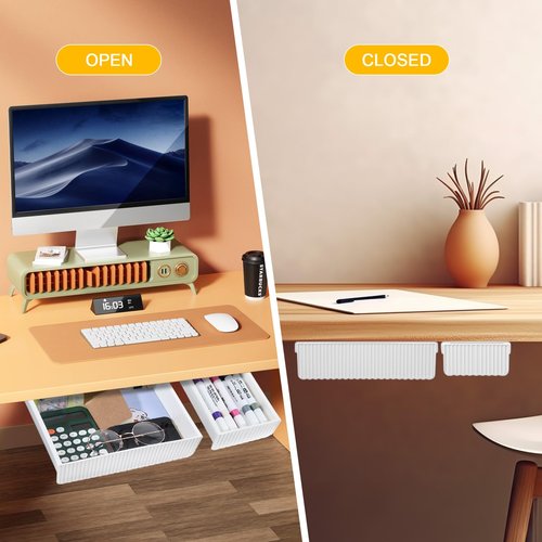 Prasacco 2 Pcs Under Desk Drawer Slide Out Under Desk Storage Drawers Organizer Hidden Adhesive Drawers for Cabinets Table Shelf Drawer Attachment for Office/Home/Classroom, White