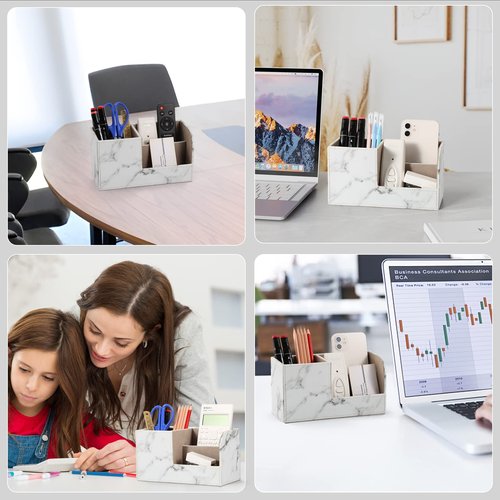 GORESE Office Desk Organizer, Pen Holder for Desk Cute, Leather Desktop Organizers with Remote Control Holder for Office Accessories Desk Supplies Organization Caddy Storage Box White Marble