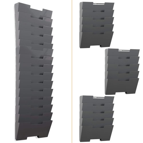 Wallniture Lisbon 15-Tier Wall Mounted File Holder and Desk Organizer, Metal Gray Office Organization and Storage Rack