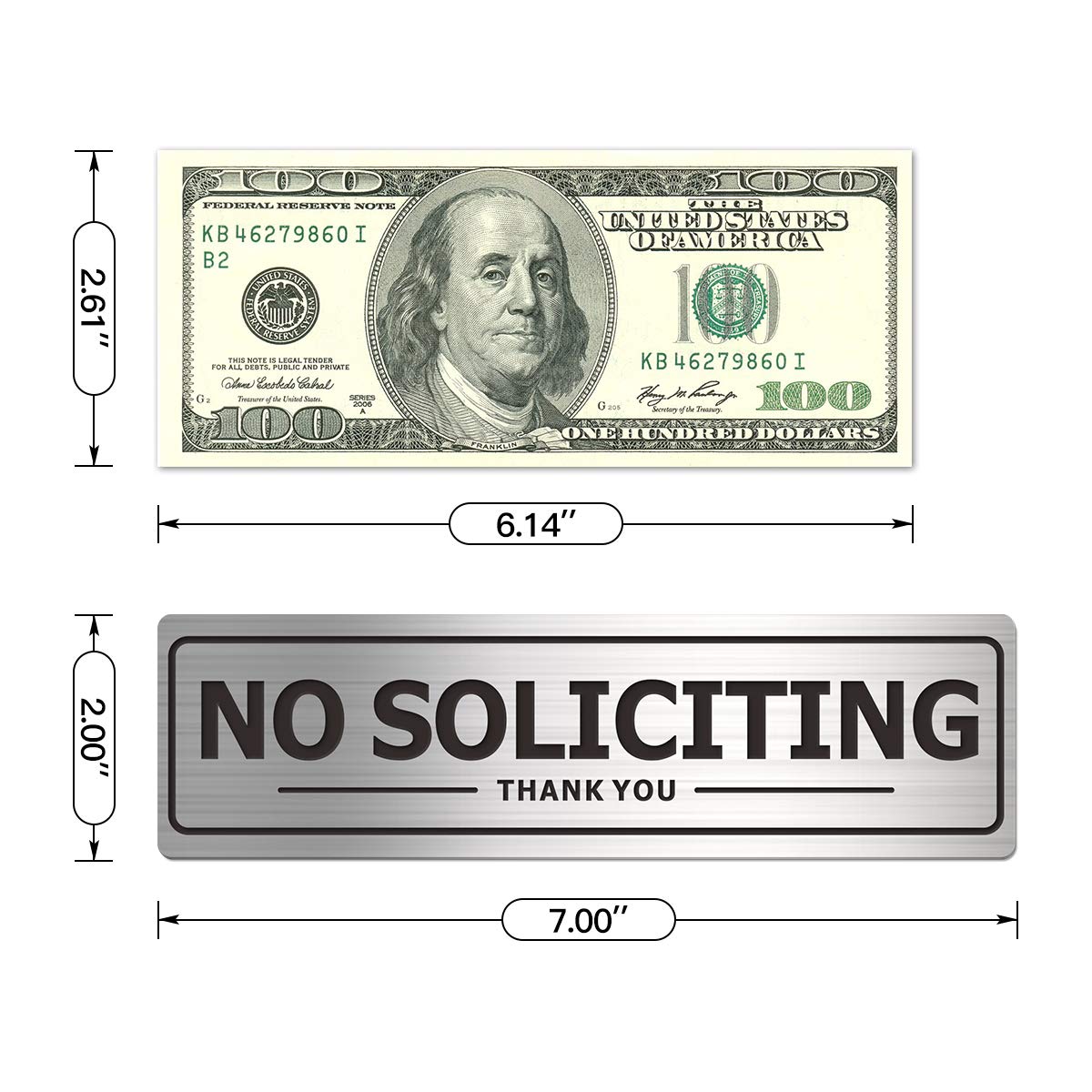 No Soliciting Sign - Door Signs for House Business and Office Wall - Aluminum Metal with Strong Self Adhesive (2 Pack, Silver 7×2 inches)