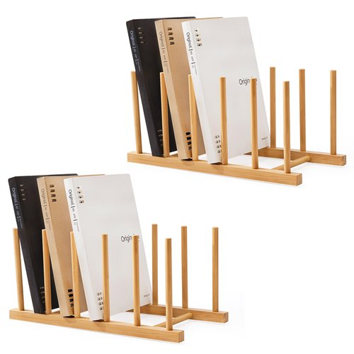 HBlife Desk File Organizer 5 Section Upright File Sorter, 2 Pack Bamboo File Holder for Home, Office & School