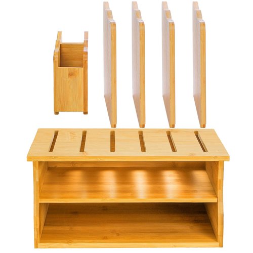 Noamus Bamboo Desk Organizer with File Holder, 3 Tier Office Desktop Organizers with Adjustable Pen Cup, 13" Letter Paper Tray Storage Cubby for Home School Classroom Kitchen Bedroom Supply(Natural)