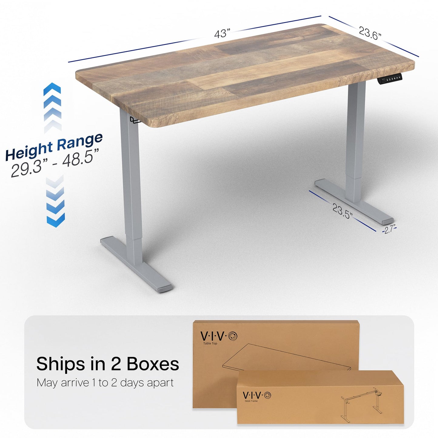 VIVO Electric 43 x 24 in Standing Desk, Memory Height Adjustment, 1B Series, Holds 220 lbs, One-Piece Reclaimed Wood Top, Gray Frame, DESK-KIT-1G4P