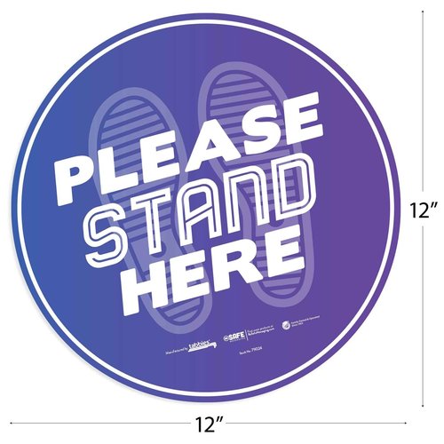 tabbies BeSafe Messaging"Please Stand Here" Purple, 6 Pack - 12" Round, Repositionable Vinyl UL 410 Certified Anti-Slip Floor Sign, Commercial, Restaurant Footprint Decals (6 Pack) (79024)