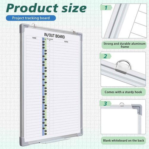 Lincia in and Out Magnetic Dry-Erase Board 24" x 18" Aluminum Framed White Board with Lines 33 Names with Magnetic Dry-Erase Marker, Eraser, and 35 Magnets Wall-Mounted for Office Employee