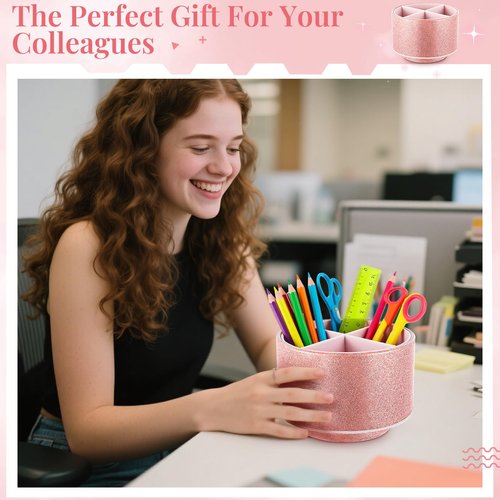 Epakh Pink Pencil Holder for Desk 360 Degree Rotating Bling Rose Gold Pen Organizer PU Leather Glitter Desk Accessories for Gift Women Office Classroom Home Bling Pink(Pen Not Included)