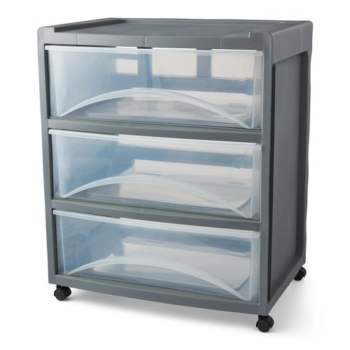 3 Drawer Wide Storage Cart, Gray