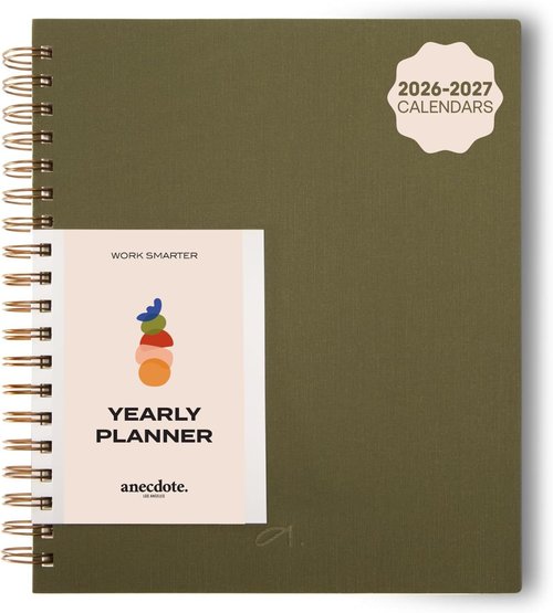 Anecdote Spiral Planner - 2026-2027 Calendar | Undated 52-Week Organizer (8.5" x 10") - Olive Color