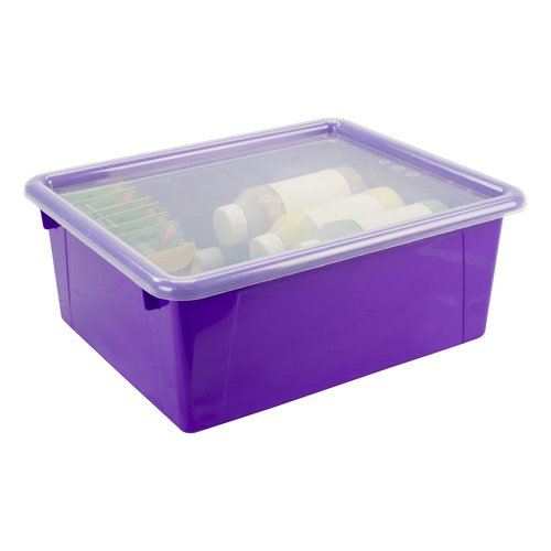 Storex Letter Size Deep Storage Tray – Organizer Bin with Non-Snap Lid for Classroom, Office and Home, Violet, 5-Pack (62548U05C)