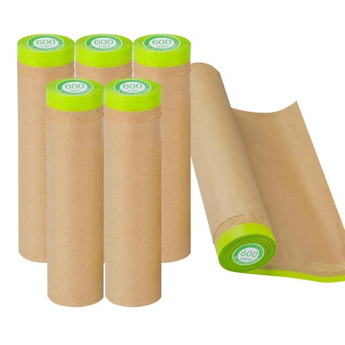 Pre-Taped Masking Paper for Painting - 24 inch x 50 feet Tape and Drape Painters Paper, Paint Adhesive Protective Paper Roll for Covering Skirting, Frames, Cars and Auto Body (6 Rolls)