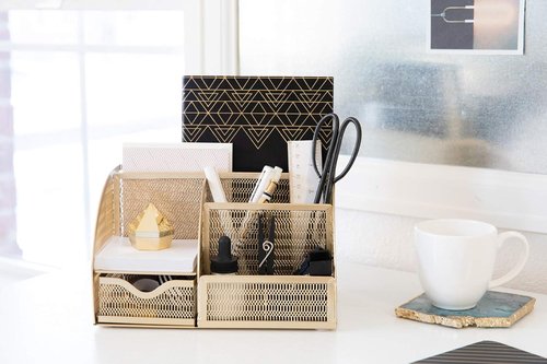 BLU MONACO | Gold Desk Organizer - Stylish Metal Caddy with Drawer & Six Compartments for Office Supplies