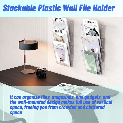 Senhoglb 6 Pack Hanging Wall File Folder Holder, Plastic A4 Wall Mounted Document Holder, Wall Pocket File Holder For Magazine and Envelopes, Vertical Clear Mail Organizer