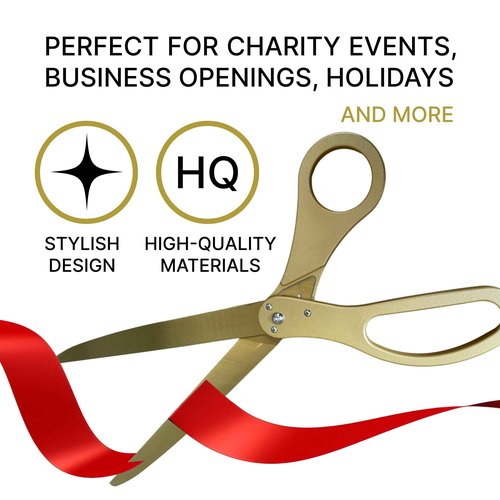 New Edition Grand Opening Kit – 25'' Scissors Gold with Golden Blades for Ribbon Cutting Ceremony with Red Ribbon Heavy Duty Golden Scissors