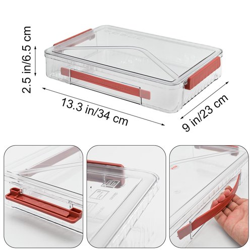 VANRA Clear File Storage Box with Latching Lids Stackable Project Case Organizer Plastic Stacking File System Office Magazine Storage Bin School Supplies Container Portable with Handle (1 Red, L)