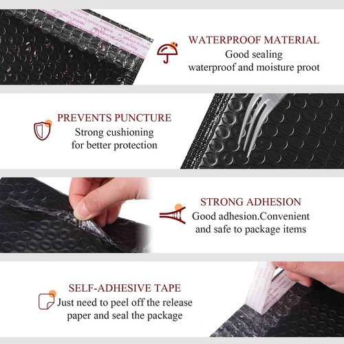 Yeyeplum 100 Pcs Kraft Bubble Mailers 3 Size Padded Envelopes Kraft Poly Mailers Bubble Lined Shipping Envelopes Mail Shipping Bags for CDs Book Business Supplies (Black)