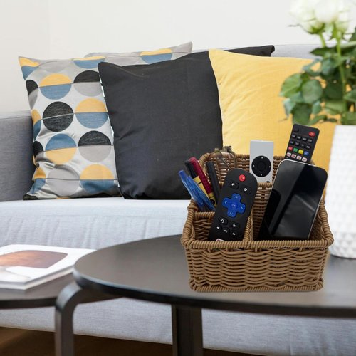 WuJiLiving Rattan Remote Control Holder, Wicker Desk Organizer Basket for TV Remotes, Office Supplies, Makeup Brushes, Handwoven Storage Caddy for Tabletop, Shelf, or Kitchen Use (Natural Brown)